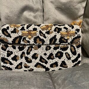 Marshall’s leopard and bee Beaded Clutch - Black, Gold, White